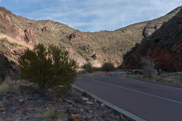 Roosevelt Dam Salt river viewing area exit in Arizona.