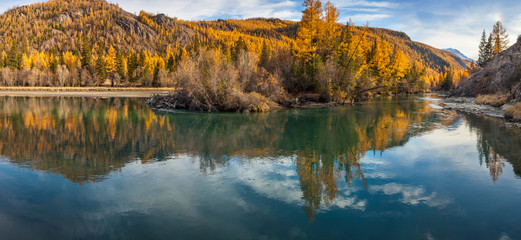 Wild mountain river, evening light. The calm flow of the river, forest shores. Wild place in Siberia.