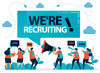 Publicist holds a megaphone and announces we're hiring. Job seekers applying for jobs. Employment opening, recruitment agencies ads. Vector illustration for business card, banner, brochure, flyer
