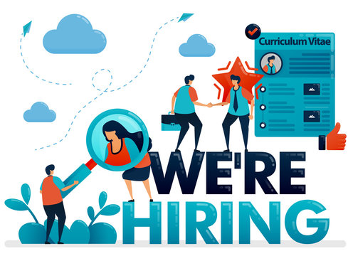 We're hiring posters with curriculum vitae profile to apply for job. Open recruitment and vacancies, get the best talent for company position. Illustration for business card, banner, brochure, flyer