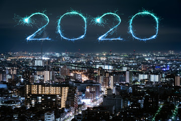 Plakat 2020 Happy New Year fireworks over Tokyo cityscape at night, Japan