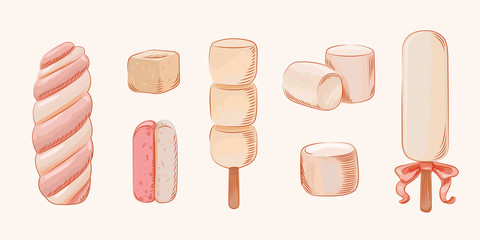 Vector pink and white marshmallow set. Winter sweets, candies icons isolated