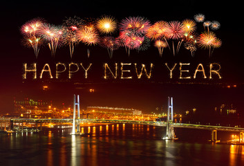 Happy New Year fireworks over Yokohama Bay Bridge  at night, Japan