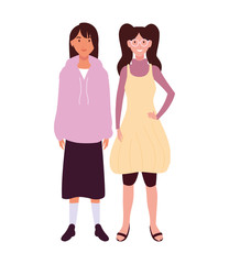 women standing with different poses on white background