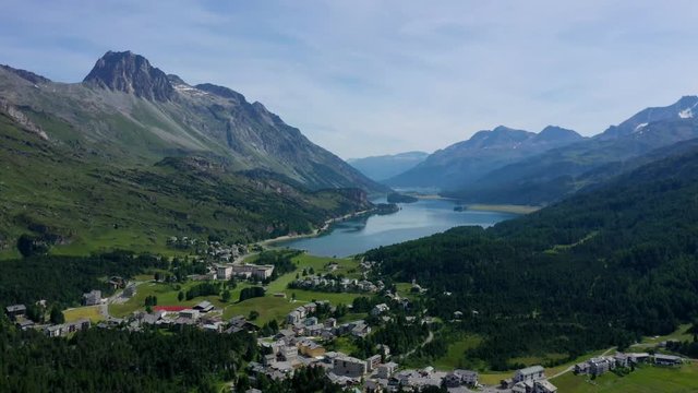 View over Maloja and Lake Sils in the Swiss Alps - Switzerland from above - aerial photography