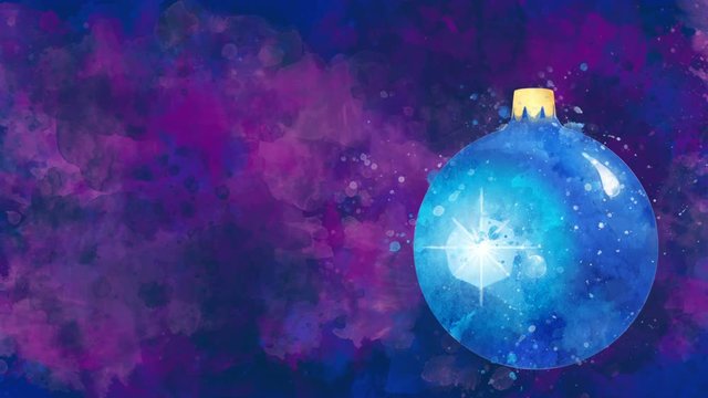 Watercolor Christmas decoration blue ball on the back-ground of colored blots.