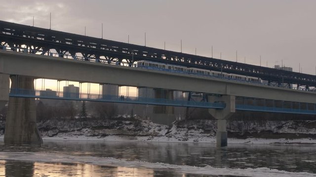 Edmonton C-Train Goes Across High Level Bridge in Downton Edmonton Above the North Saskatchewan River