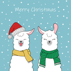 Christmas greeting card. Couple of cute cartoon llamas wearing a Santa Claus hat and knitted scarves. Hand drawn illustration