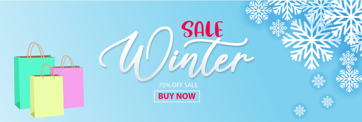 winter abstract background design Creative concept, bag and a snow icon scattered with winter letters on a light blue background. Space copy text Area. Vector illustration.