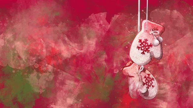 Watercolor Christmas decoration mittens on the back-ground of colored blots.