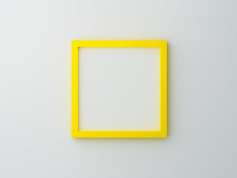 Yellow blank photo frame template on wall texture in gallery. 3d render illustration. Empty clean picture on white background for mockup poster and place image. Modern interior design concept.