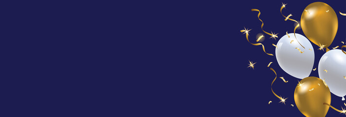 Creative Banner Design Celebration template. Realistic balloons of gold and white colors, studded with gold with sparkles and Glitter confetti. Copy Space text area. Vector illustration.