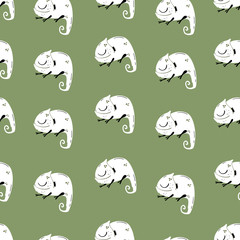 Vector seamless pattern with sleeping chameleon in hand drawn, Doodle style. Cute animal print. Wildlife..