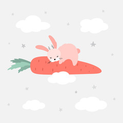 Sleeping hare on a carrot. Sweet dreams of a pink rabbit in the clouds. Vector illustration in hand-drawn style. Cute animal print.. - 306058988