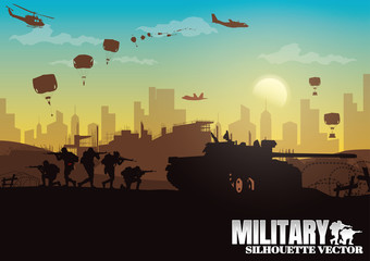 Fototapeta na wymiar Military vector illustration, Army background, soldiers silhouettes.