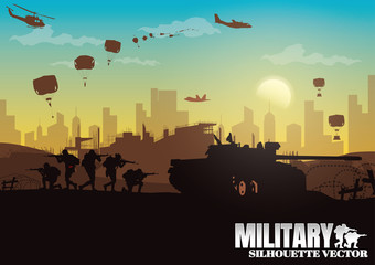 Naklejka premium Military vector illustration, Army background, soldiers silhouettes.