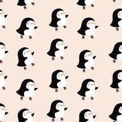 Cute penguin on skates. Vector seamless pattern in Scandinavian, Doodle style. Print for children's design..
