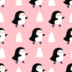 Cute penguin on skates. Vector seamless pattern in Scandinavian, Doodle style. Print for children's design..