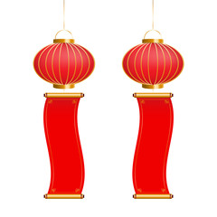Red Chinese lanterns with label for filling greeting message isolated on white background. Vector illustration.