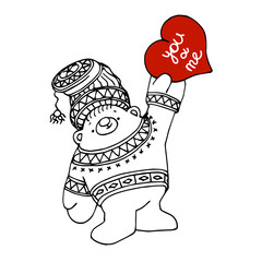 happy Scandinavian Teddy bear in sweater with red heart and inscription you and me, vector illustration with black contour lines isolated on white background in hand drawn style