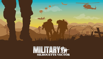 Naklejka premium Military vector illustration, Army background, soldiers silhouettes.