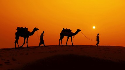 Cameleers, camel Drivers at sunset. Thar desert on sunset Jaisalmer, Rajasthan, India.