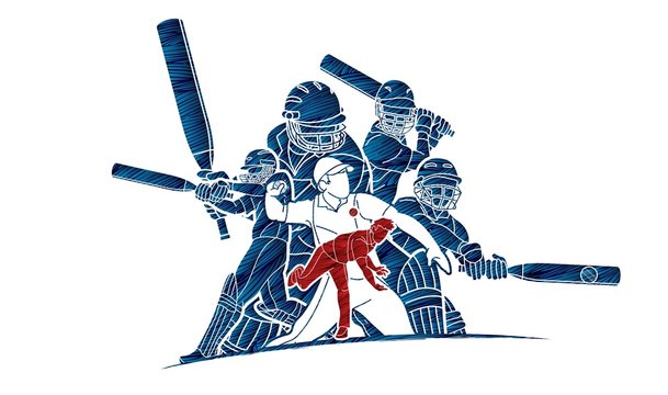 Cricket players action cartoon sport graphic vector