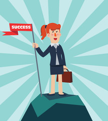 Successful business woman holding flag on top of mountain. Success vector concept