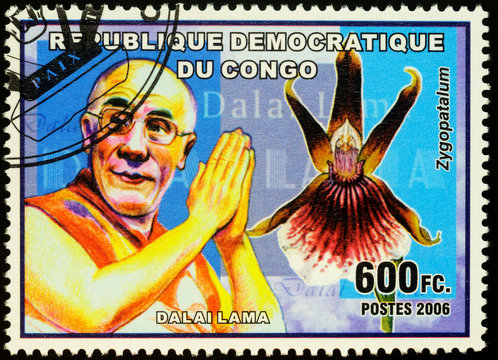 Portrait of Dalai Lama XIV on postage stamp