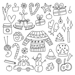 Vector drawn doodle set of objects and symbols on the theme of Christmas and a cozy home. Warm cartoon things for the design of postcards, posters, packaging.