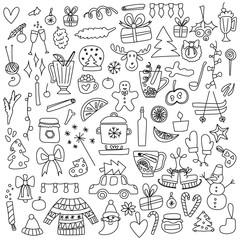 Vector hand drawn doodle mega set of symbols and objects on a сhristmas theme
