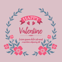 Handwritten text of happy valentine with plant element of leaf flower frame. Vector