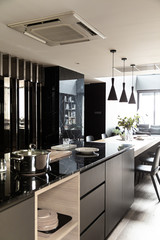 Pantry Corner in modern minimal style with stainless mirror partition compose with natural black marble wall in the background / cozy interior concpet / stylish interior / modern minimal style