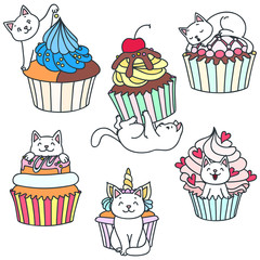 Set of kittens and cupcakes. Doodle illustration of a cute little kittens playing with cupcakes isolated on white background. Vector 8 EPS.