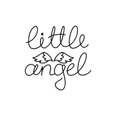 Little angel. Hand written phrase decorated with angel wings. Vector 8 EPS.