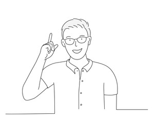 Man raises index finger. Idea concept. Line drawing vector illustration.