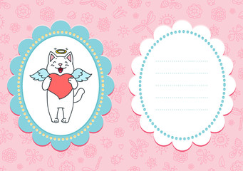 Pink baby card. Cute card with an angel kitten on pink floral background. Some blank space for your text included.