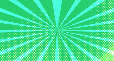 Vintage colorful comic book background. Green blank bubbles of different shapes. Rays, radial, halftone, dotted effects. For sale banner for your designe 1960s. Copy space vector eps10.