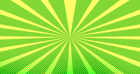 Vintage colorful comic book background. Green blank bubbles of different shapes. Rays, radial, halftone, dotted effects. For sale banner for your designe 1960s. Copy space vector eps10.