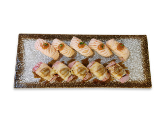 Bern salmon sushi in long dish on white background