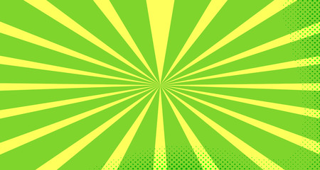 Vintage colorful comic book background. Green blank bubbles of different shapes. Rays, radial, halftone, dotted effects. For sale banner for your designe 1960s. Copy space vector eps10.