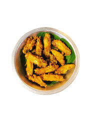 Salt fried chicken with Zinc Plate on white background