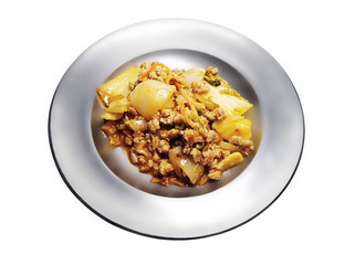 Kimchi stir-fried pork , Korean food in stainless dish on white Background