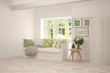 Stylish room in white color with sofa, table, pictures on a wall and summer landscape in window. Scandinavian interior design. 3D illustration
