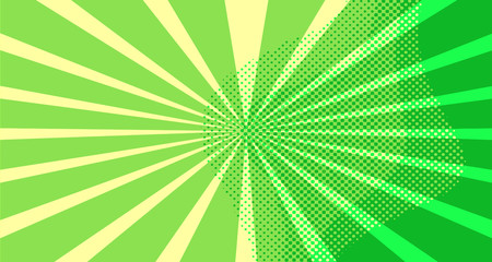 Vintage colorful comic book background. Green blank bubbles of different shapes. Rays, radial, halftone, dotted effects. For sale banner for your designe 1960s. Copy space vector eps10.