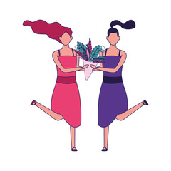 happy women with flowers bouquet icon, colorful design