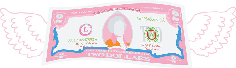 Colorful Feathered Deformed 2 dollars note