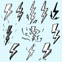 set of hand drawn vector doodle electric lightning bolt symbol sketch illustrations. thunder symbol doodle icon . - obrazy, fototapety, plakaty