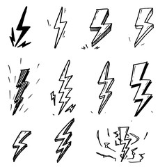 set of hand drawn vector doodle electric lightning bolt symbol sketch illustrations. thunder symbol doodle icon . - 306070772