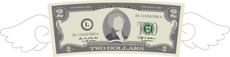 Feathered Deformed 2 dollars note